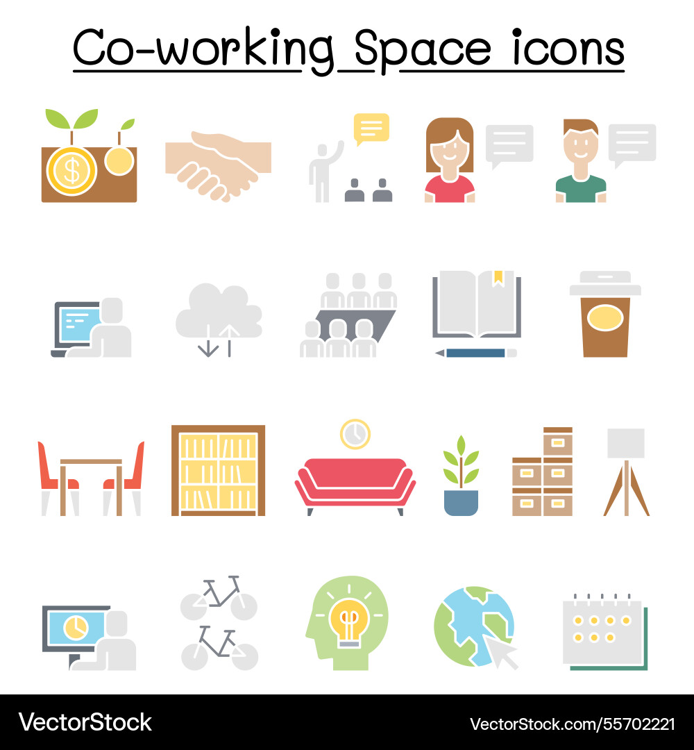Co-working space icon set in flat color style Co-working space icon set in flat color style vector image