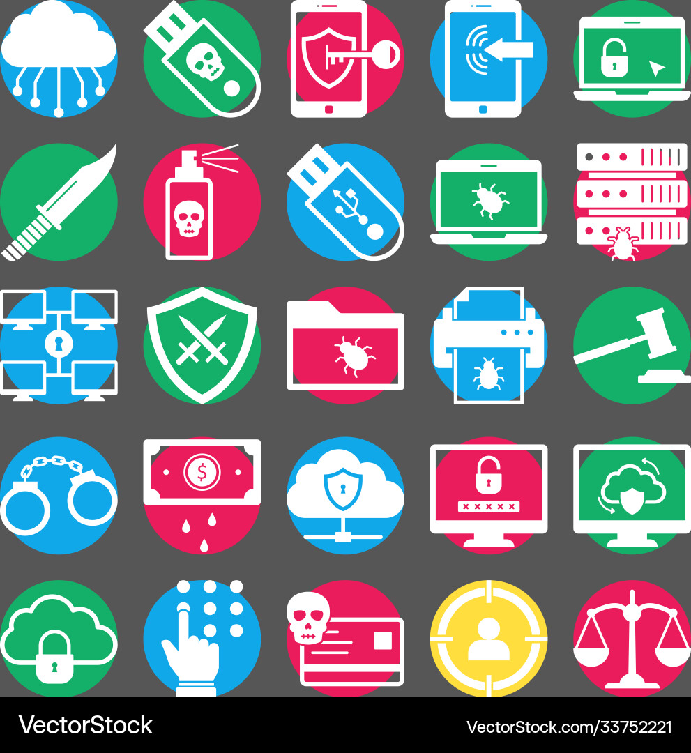 Cyber crime and hacking isolated icons set Vector Image