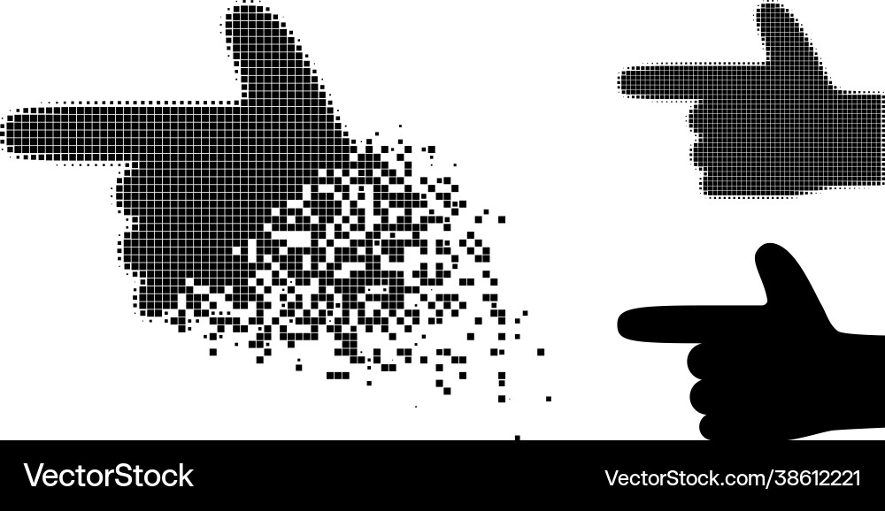 Dust and halftone pixelated hand pointer left icon Dust and halftone pixelated hand pointer left icon Vector Image