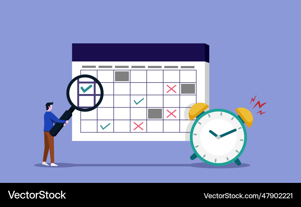 Man checking schedule of work with magnifying Man checking schedule of work with magnifying vector image