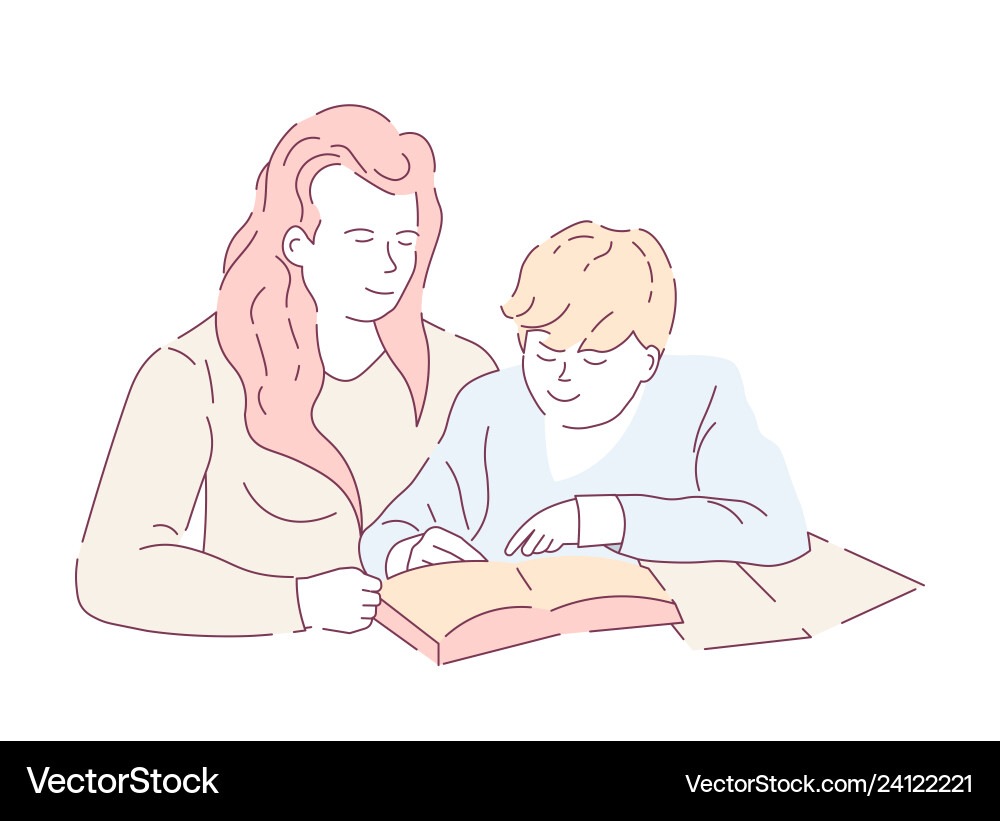 Mother and son doing homework book copybook vector image