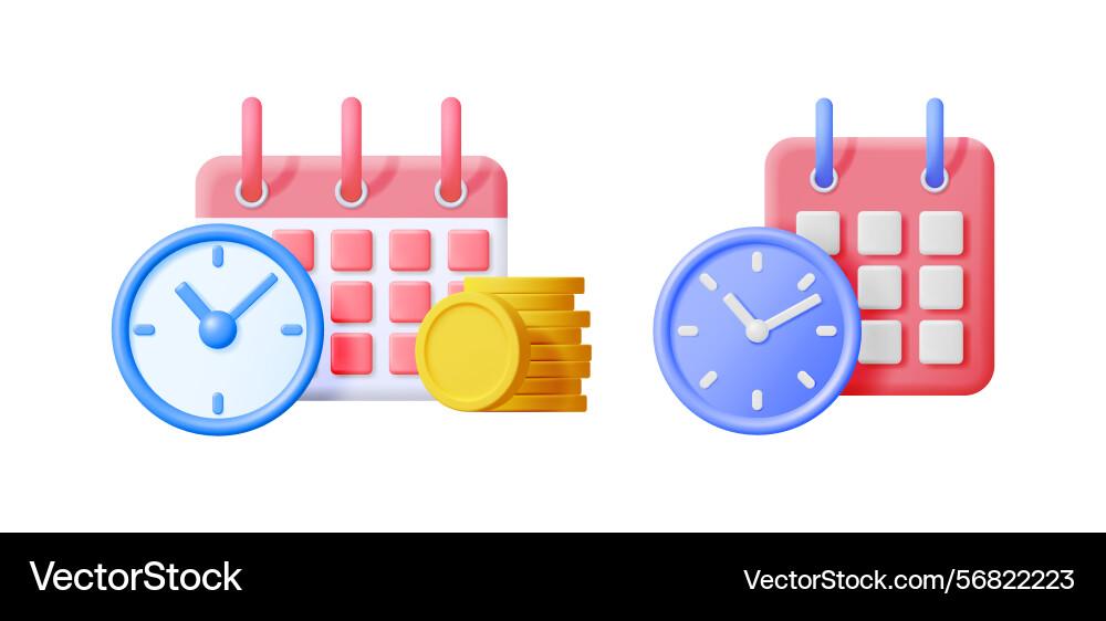 3d calendar with clock and coin time 3d calendar with clock and coin time Vector Image