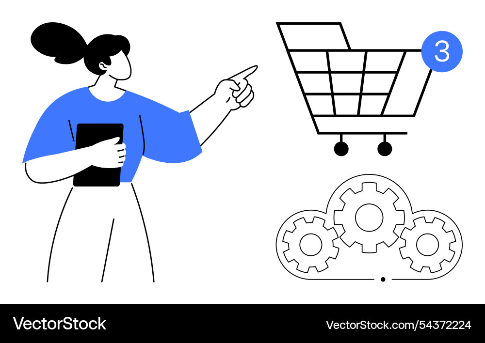 E-commerce shopper pointing to cart with three Vector Image