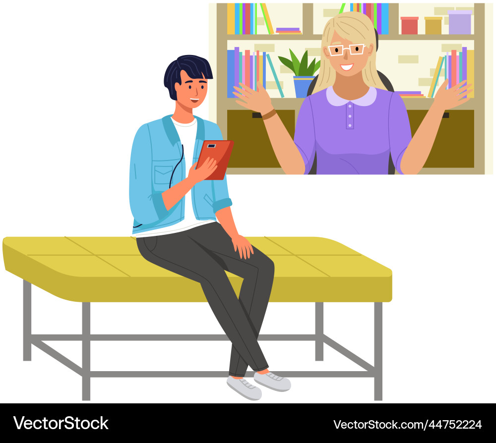 Guy uses app for virtual communication man during Guy uses app for virtual communication man during vector image