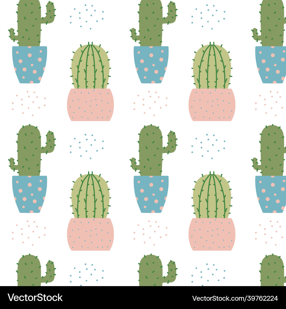 Hand-drawn seamless pattern with cactuses in pots Hand-drawn seamless pattern with cactuses in pots vector image