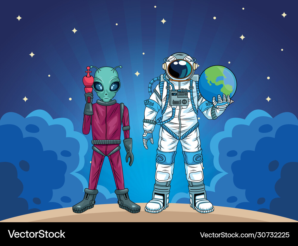 Astronaut and alien in space characters Astronaut and alien in space characters vector image