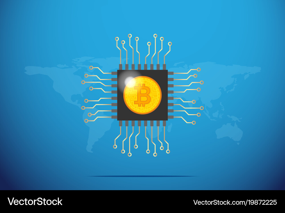 Bitcoin on chip processor with world map vector image