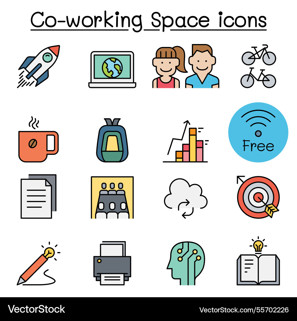 Co-working space icon set in colorline style Vector Image