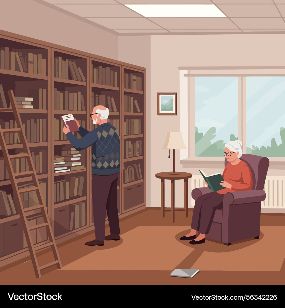 People reading in library with bookshelf People reading in library with bookshelf Vector Image