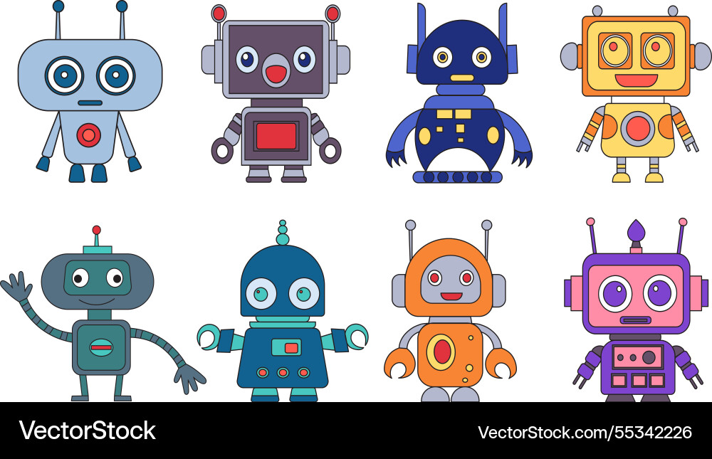 Set of robots androids in doodle style vector image