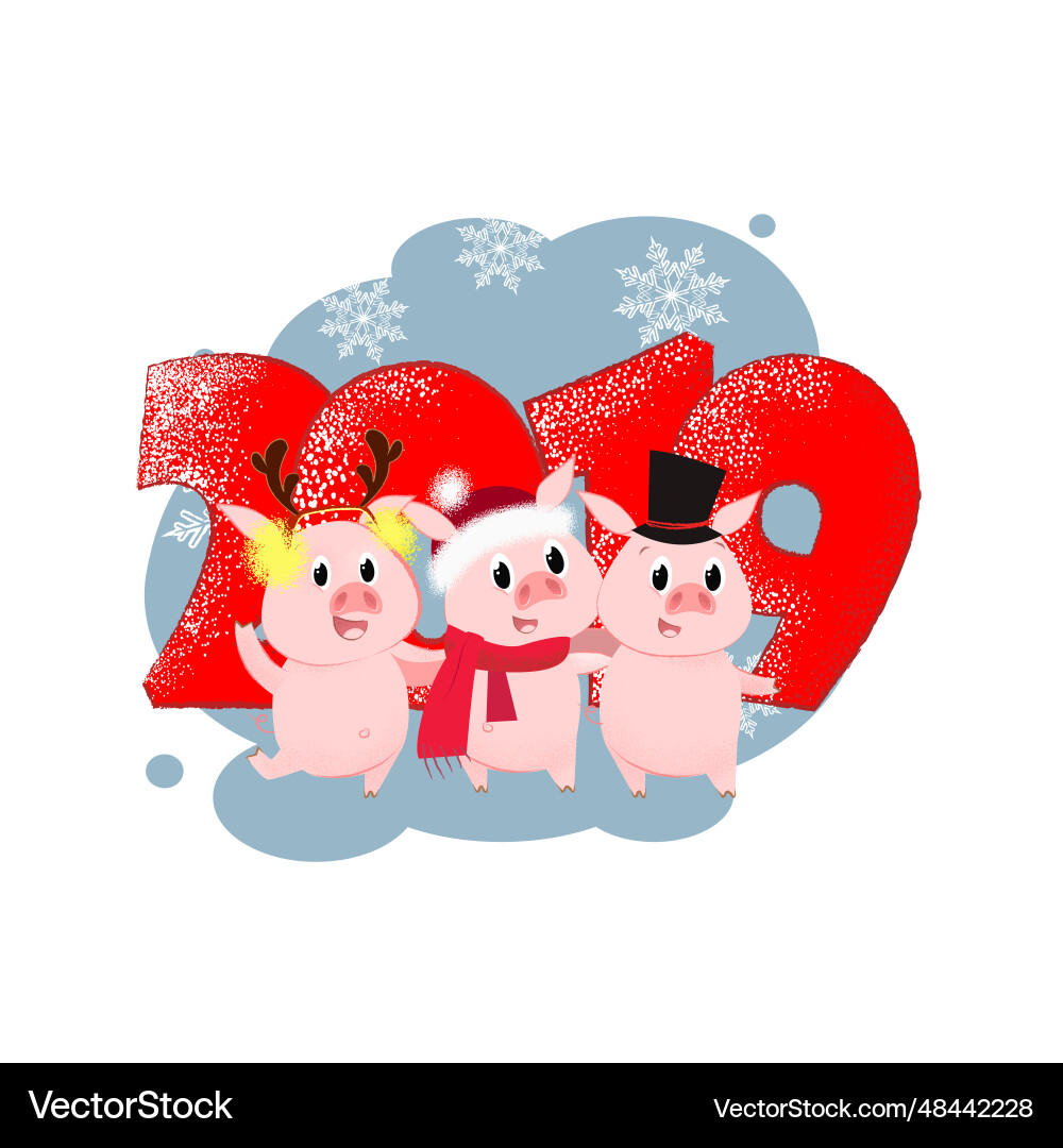 Three piglets in new year costumes embracing each Three piglets in new year costumes embracing each Vector Image