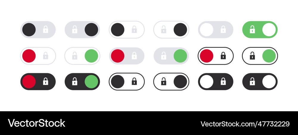 Switch buttons with locks on off toggles Switch buttons with locks on off toggles vector image