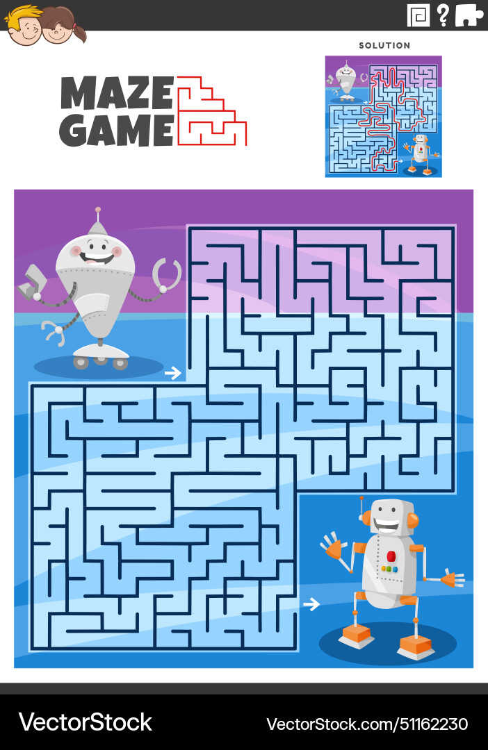 Maze game with cartoon two robots fantasy Maze game with cartoon two robots fantasy vector image