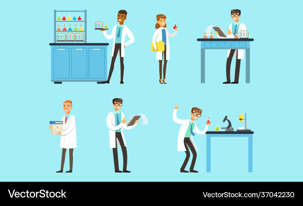 Scientists doing experiments in science laboratory Vector Image