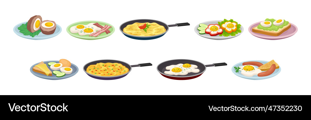 Tasty dishes with egg ingredient served set Tasty dishes with egg ingredient served set vector image