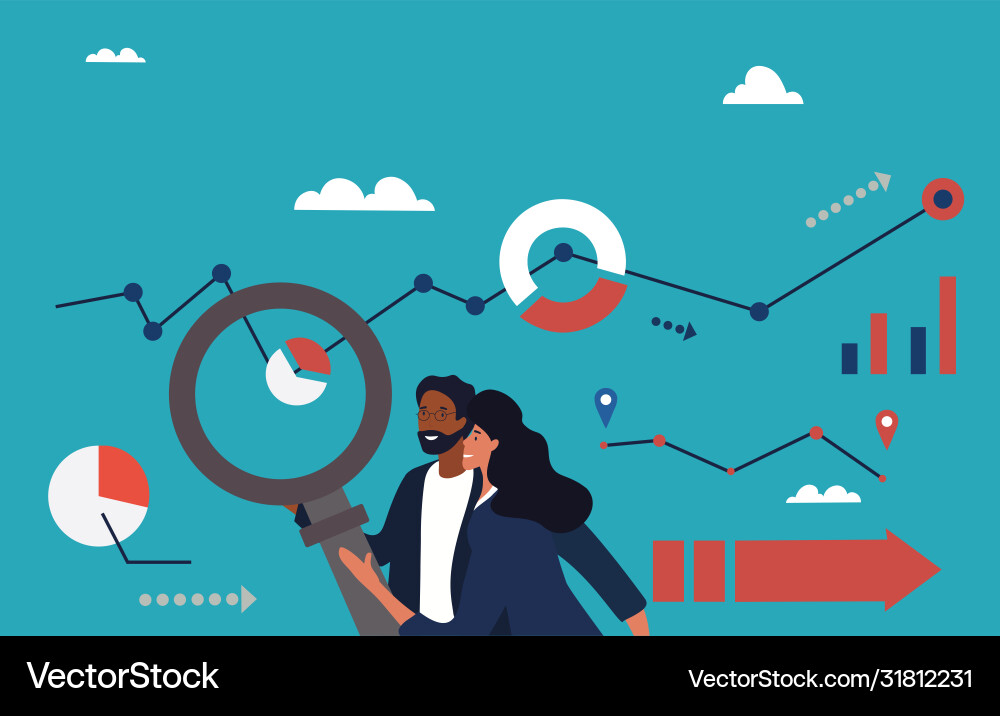 Analytics team with charts and magnifying glass Vector Image
