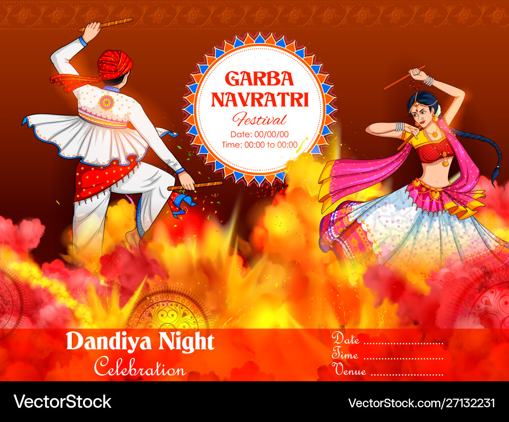 Couple playing dandiya in disco garba night banner Couple playing dandiya in disco garba night banner vector image