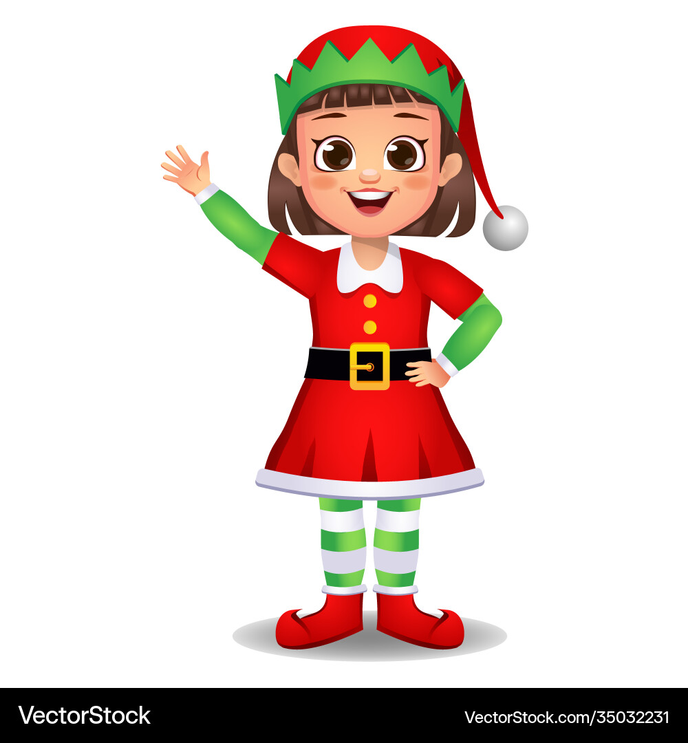 Girl kid in elf dress saying hello Girl kid in elf dress saying hello vector image
