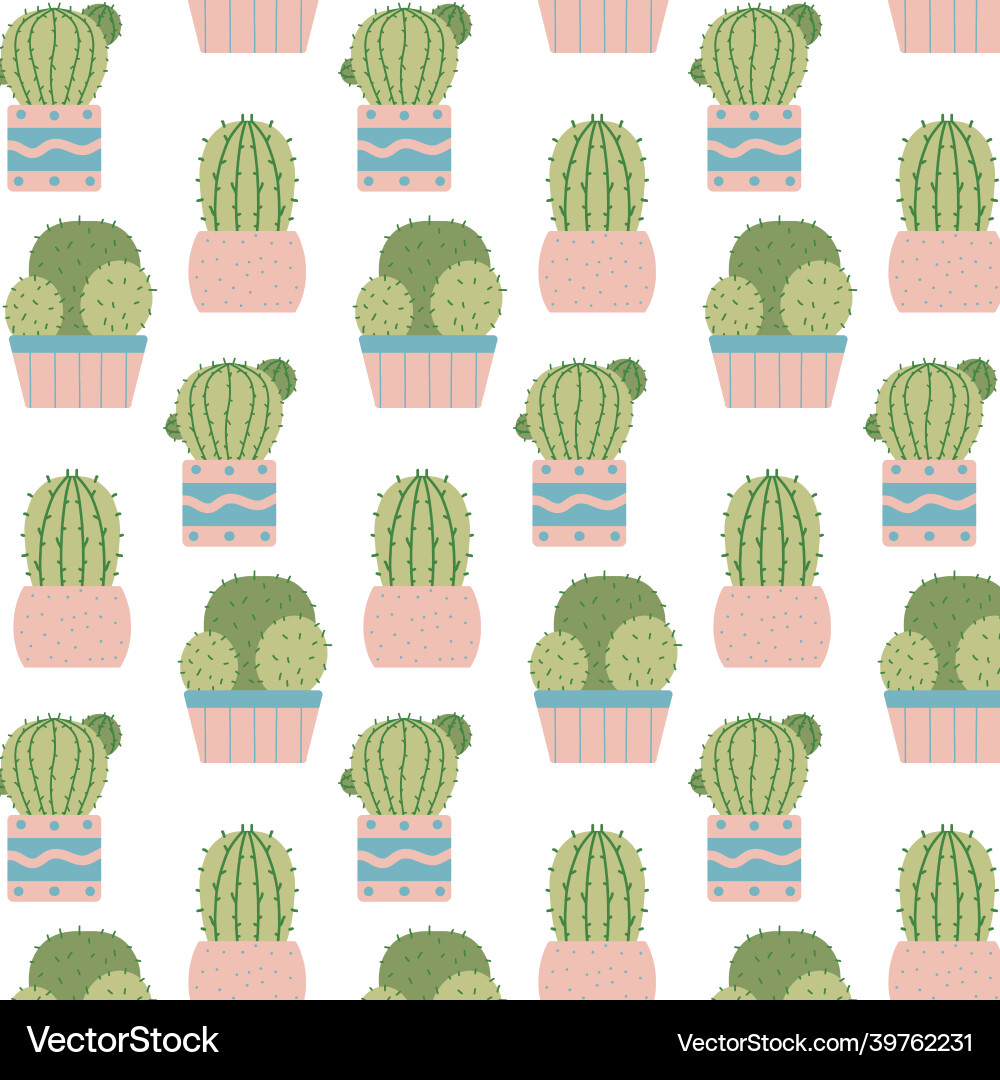 Hand-drawn seamless pattern with cactuses in pots Hand-drawn seamless pattern with cactuses in pots Vector Image