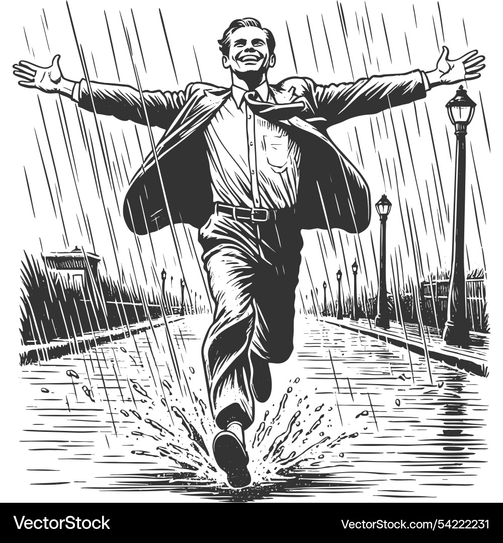 Man Running in the Rain – Engraved Style Vector Image