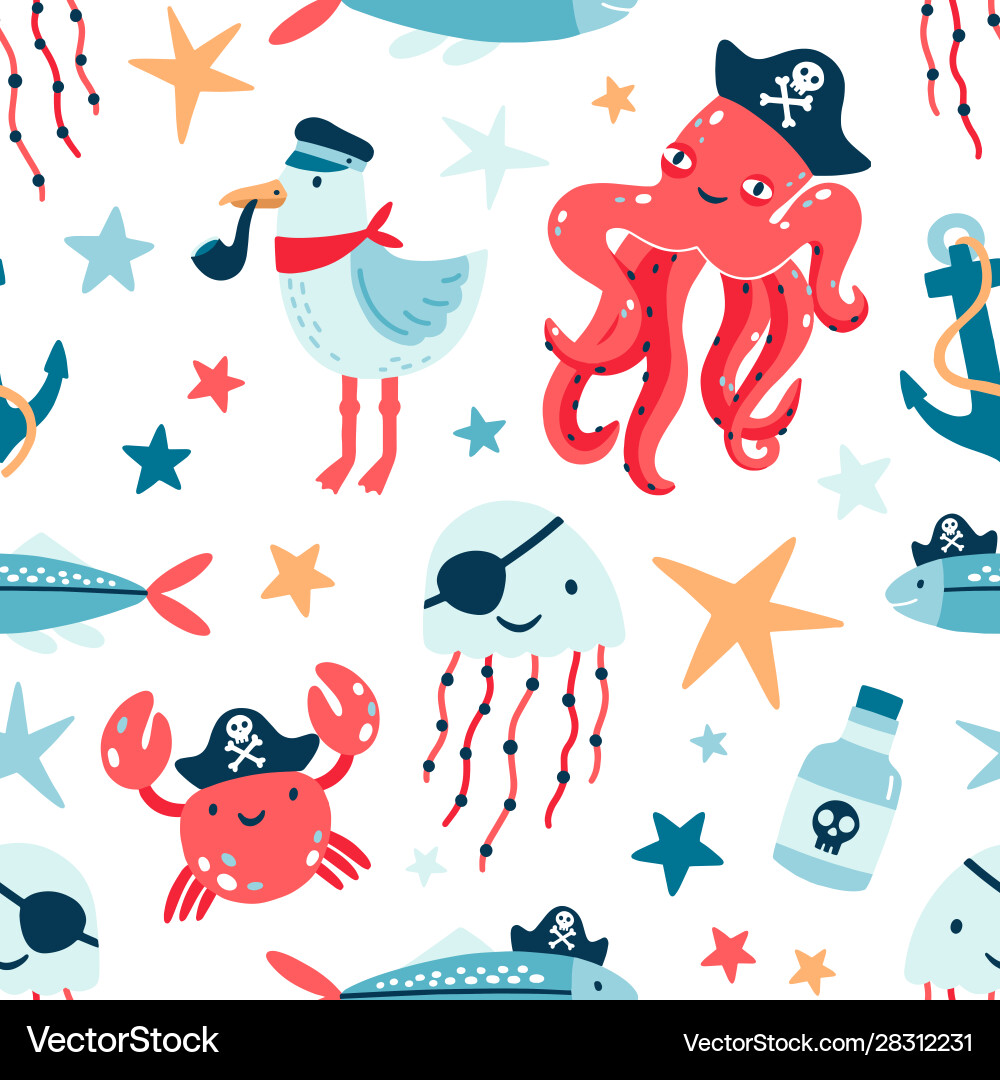 Pirate marine animals flat seamless pattern Pirate marine animals flat seamless pattern vector image