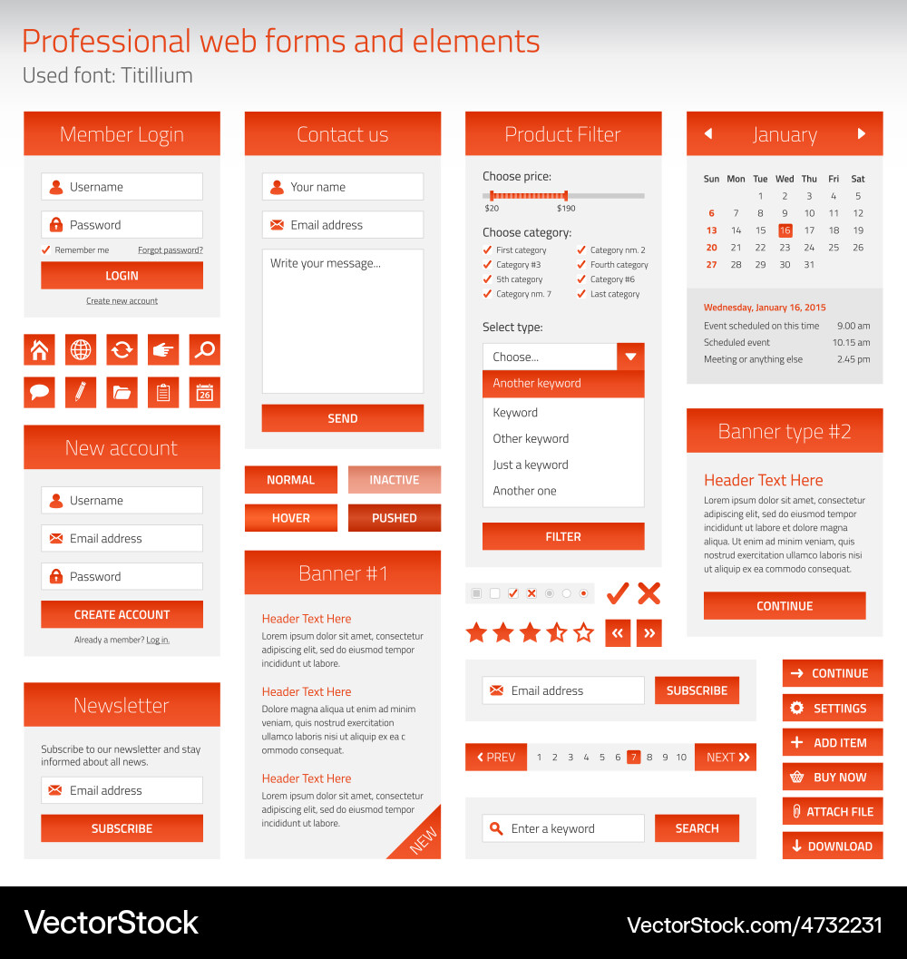 Professional set of orange web forms and elements Vector Image