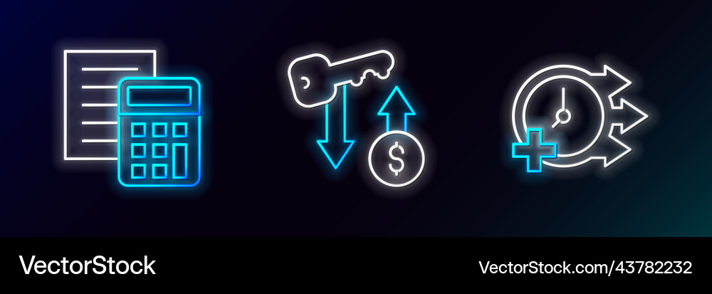 Set line clock calculator and rent key icon Set line clock calculator and rent key icon vector image