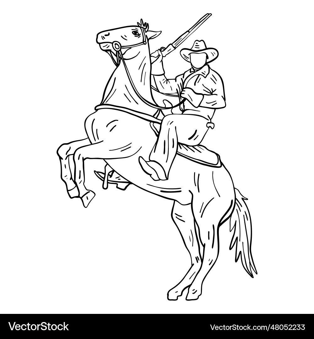 Cowboy on Rearing Horse - Line Art Vector Image