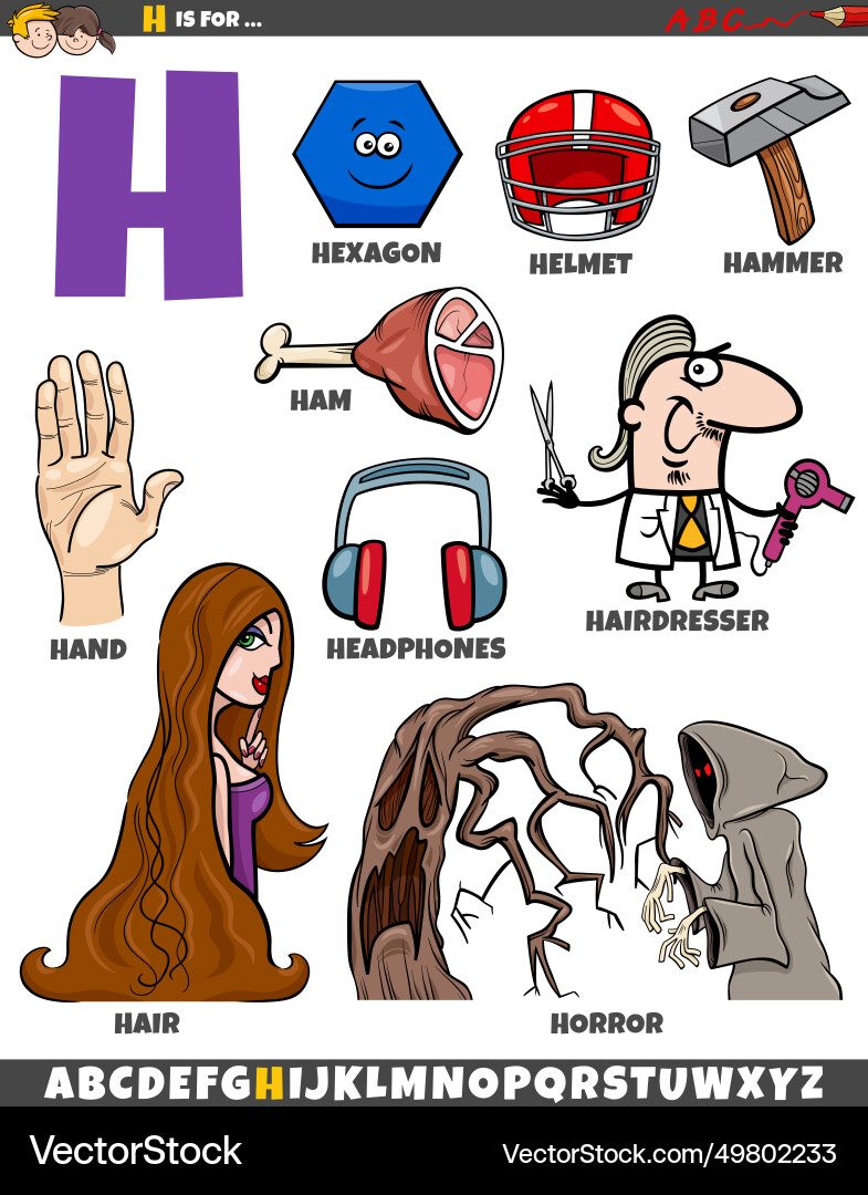 Letter h set with cartoon objects and characters Letter h set with cartoon objects and characters vector image