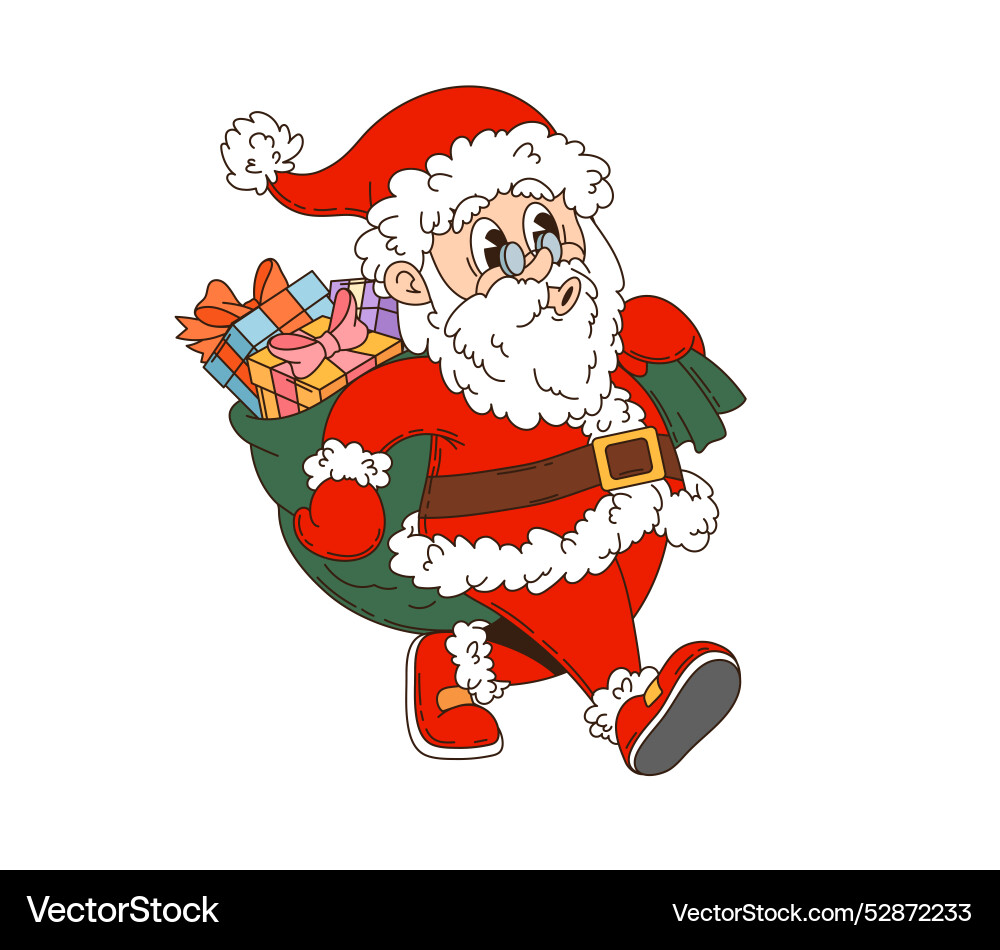 Retro groovy christmas santa character with a bag Retro groovy christmas santa character with a bag vector image