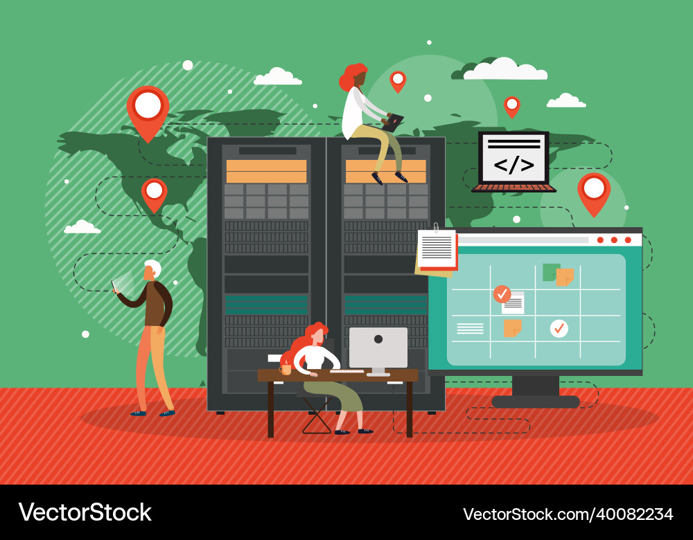 Computer server racks engineers developing Vector Image