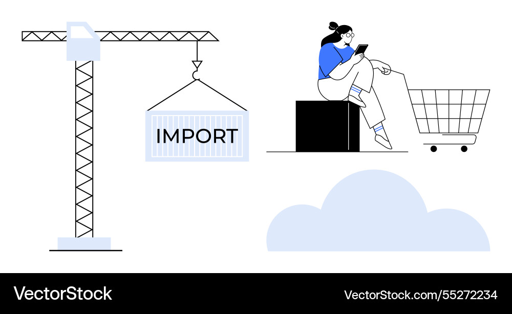 Crane lifting import container near shopper using Vector Image