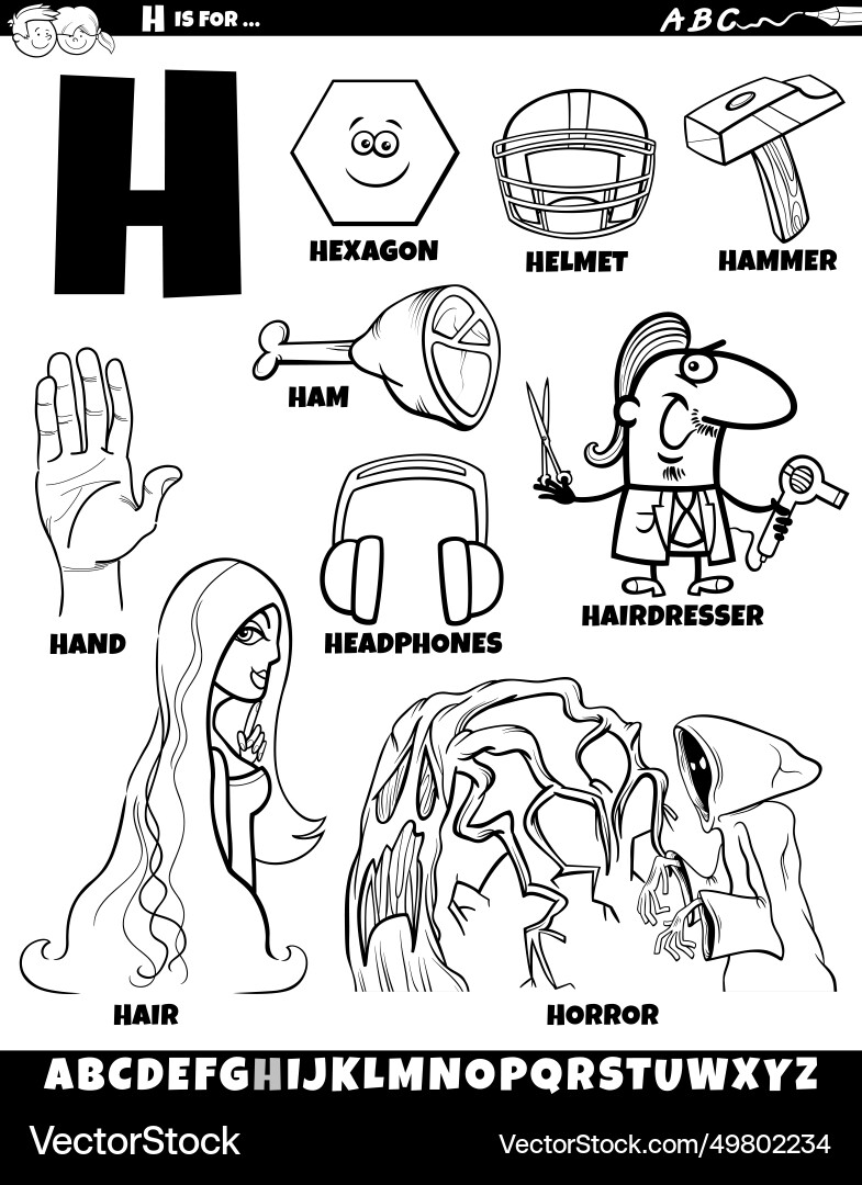 Letter h set with cartoon objects and characters Letter h set with cartoon objects and characters vector image