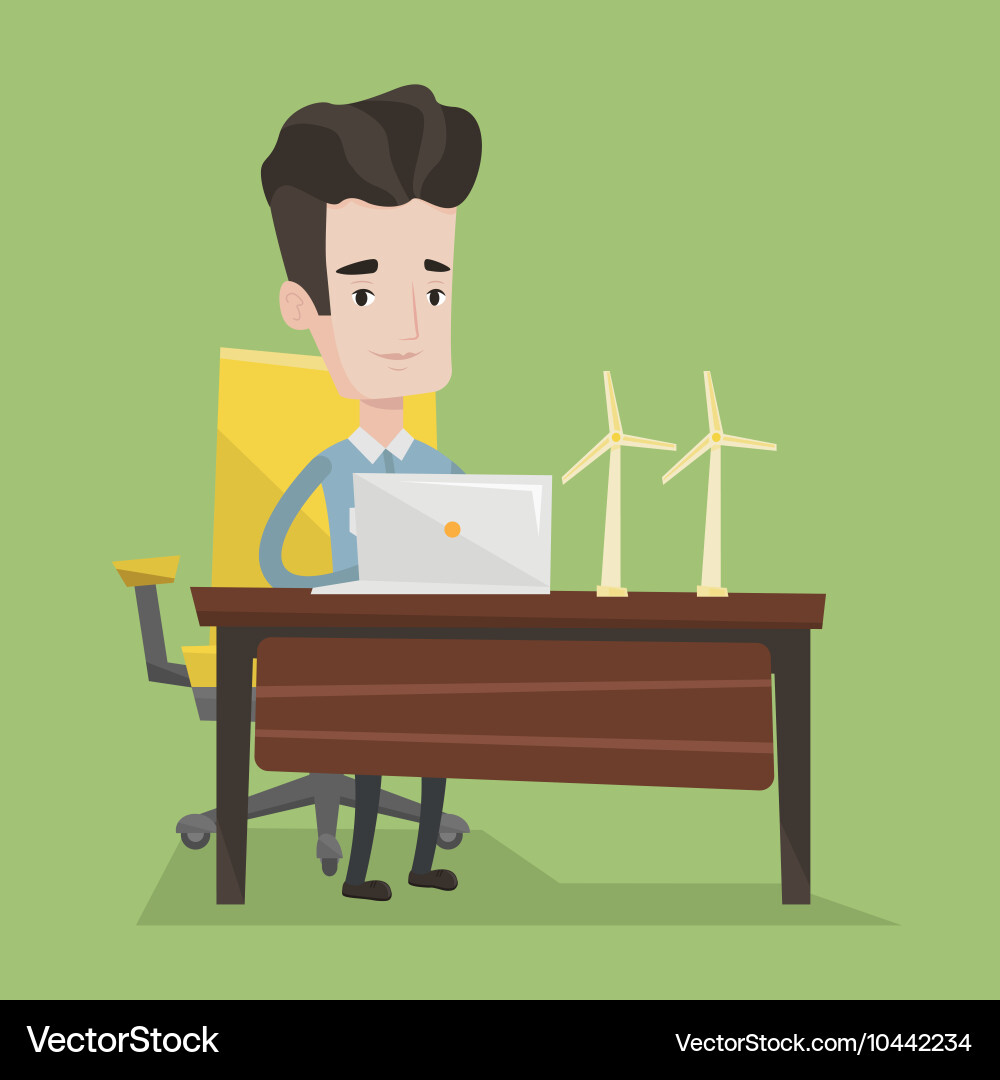 Man working with model wind turbines on the table vector image
