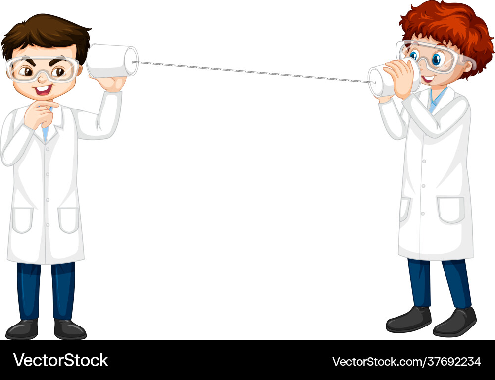 Two scientist boy doing string phone experiment Two scientist boy doing string phone experiment Vector Image