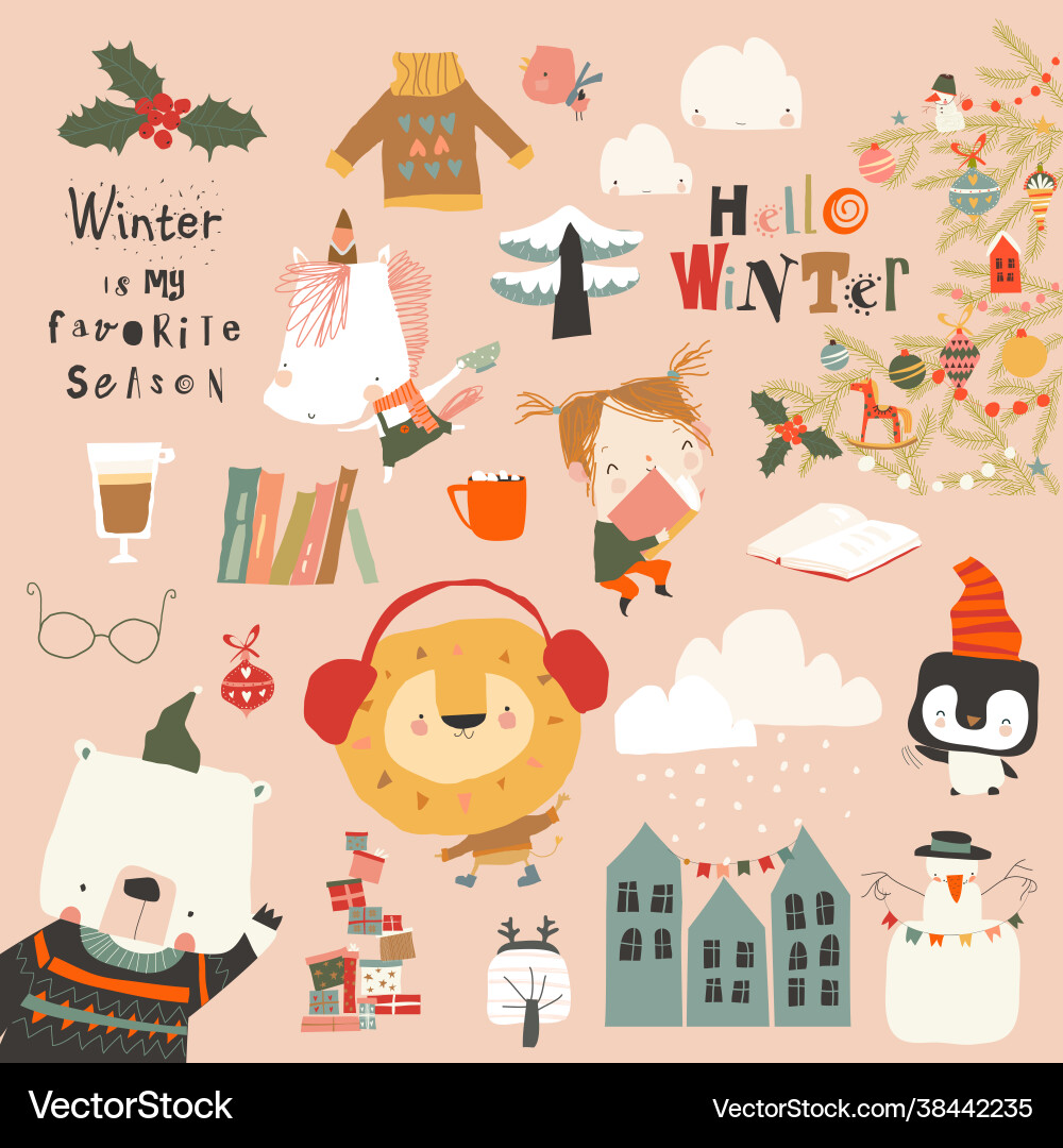 Cute Winter Animals Holiday Set Vector Image