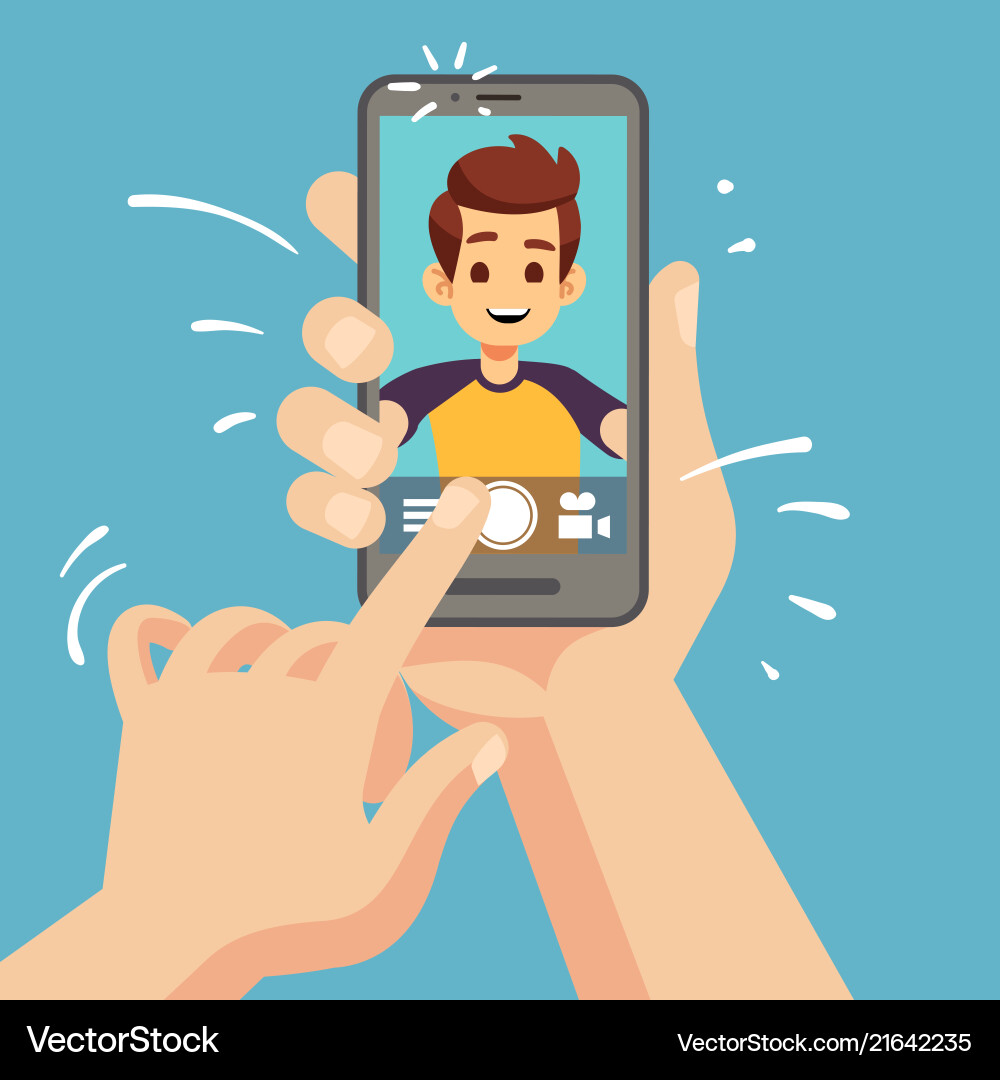 Young happy man taking selfie photo on smartphone Young happy man taking selfie photo on smartphone vector image