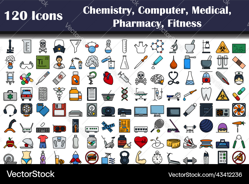 120 icons of chemistry computer medical pharmacy 120 icons of chemistry computer medical pharmacy vector image