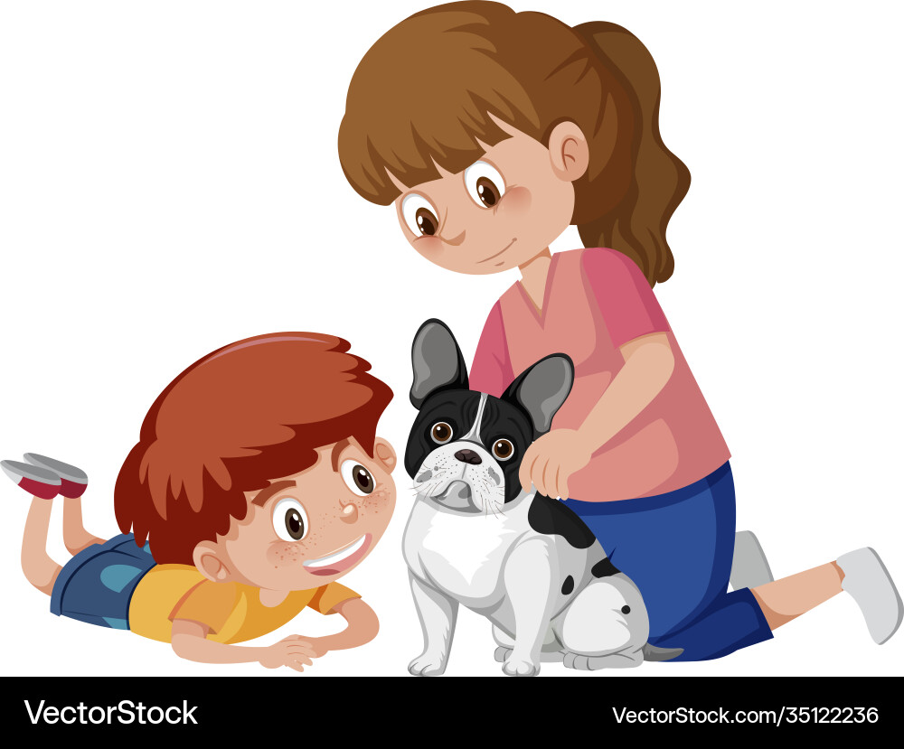 Two kids playing with cute dog on white background Two kids playing with cute dog on white background vector image