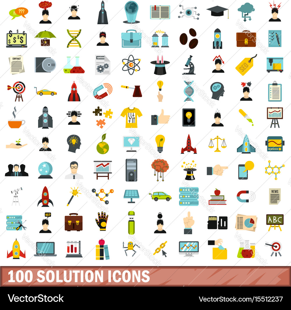 100 solution icons set flat style vector image