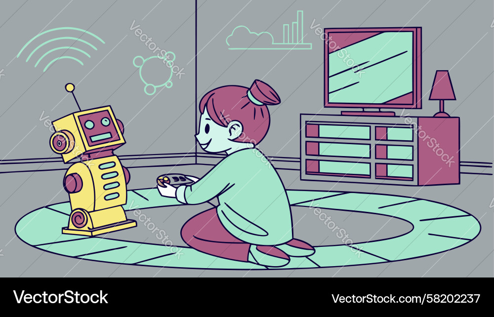 Child and Robot Interaction Vector Image