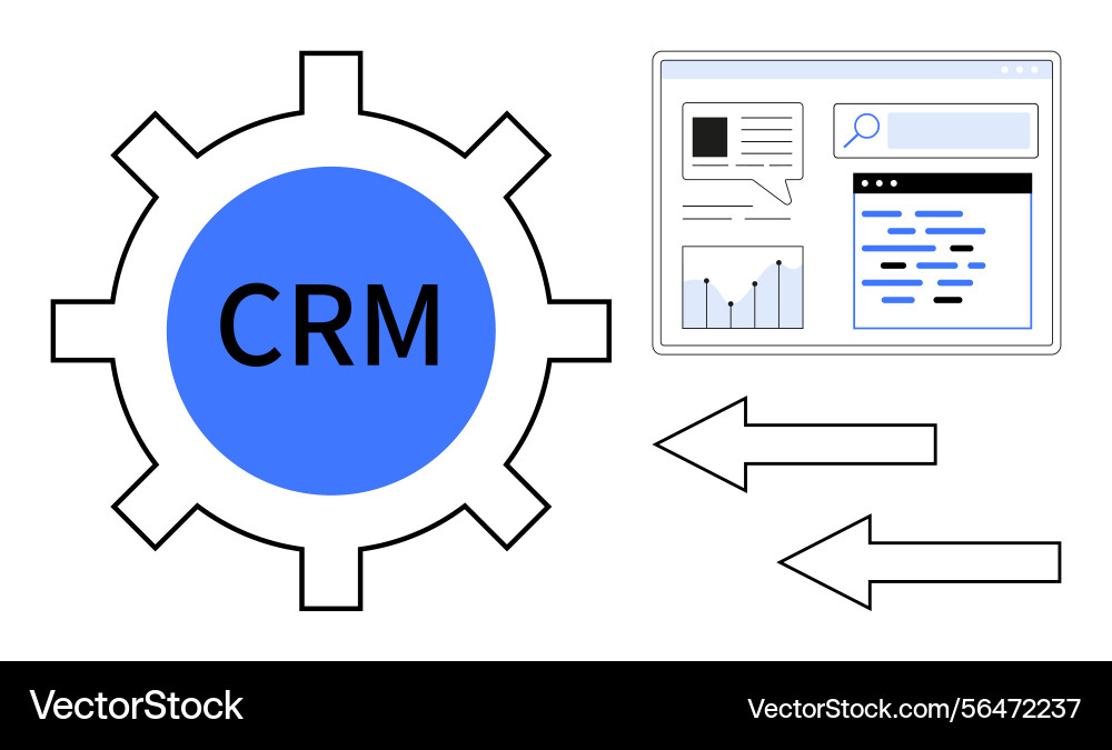 Crm gear with data exchange arrows and analytics Crm gear with data exchange arrows and analytics vector image