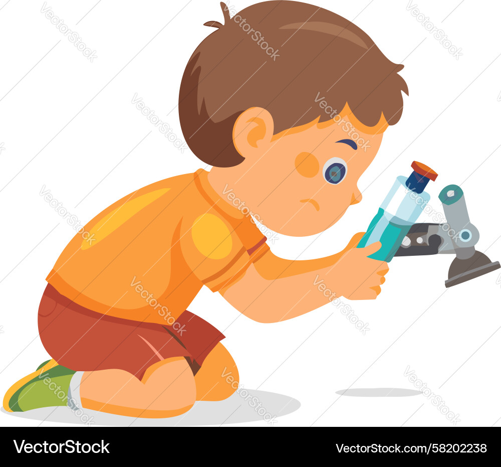Curious child playing with toy camera capturing Vector Image