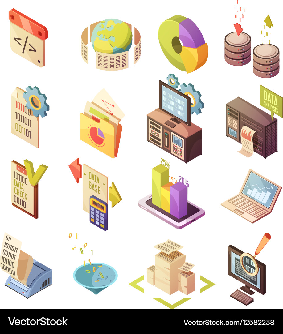 Data analysis isometric elements set vector image