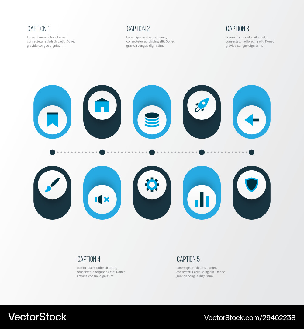 Interface icons colored set with launch mute Interface icons colored set with launch mute Vector Image