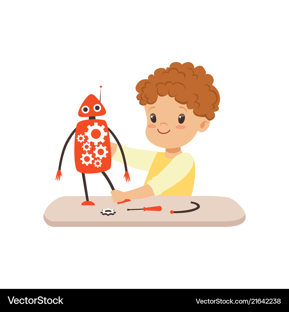 Little boy creating smart robot robotics Little boy creating smart robot robotics vector image