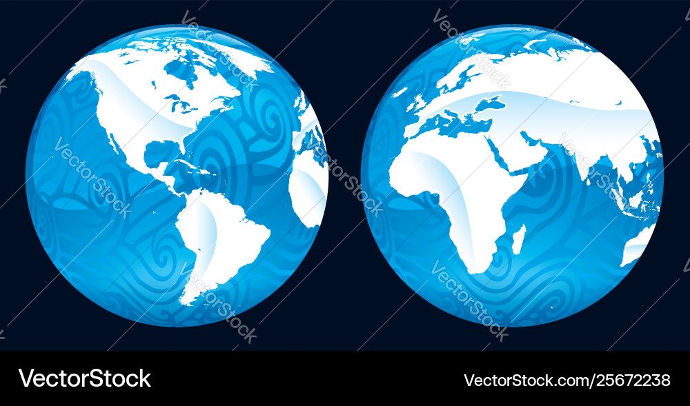 Water planet map with textured oceans two circles vector image