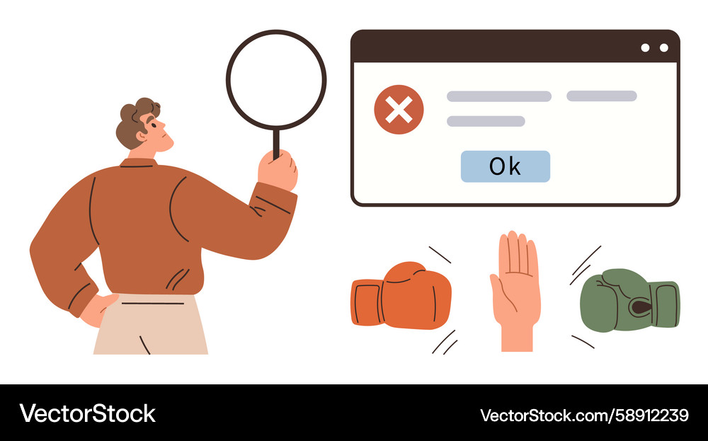 Analyzing error message with boxing gloves Vector Image