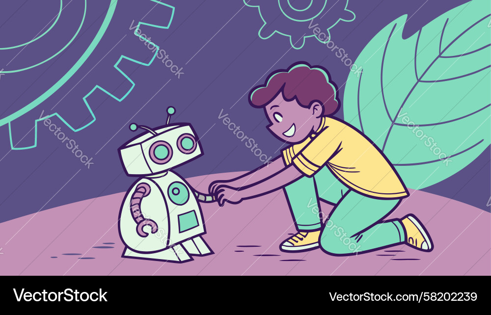 Child and Robot with Gears Vector Image