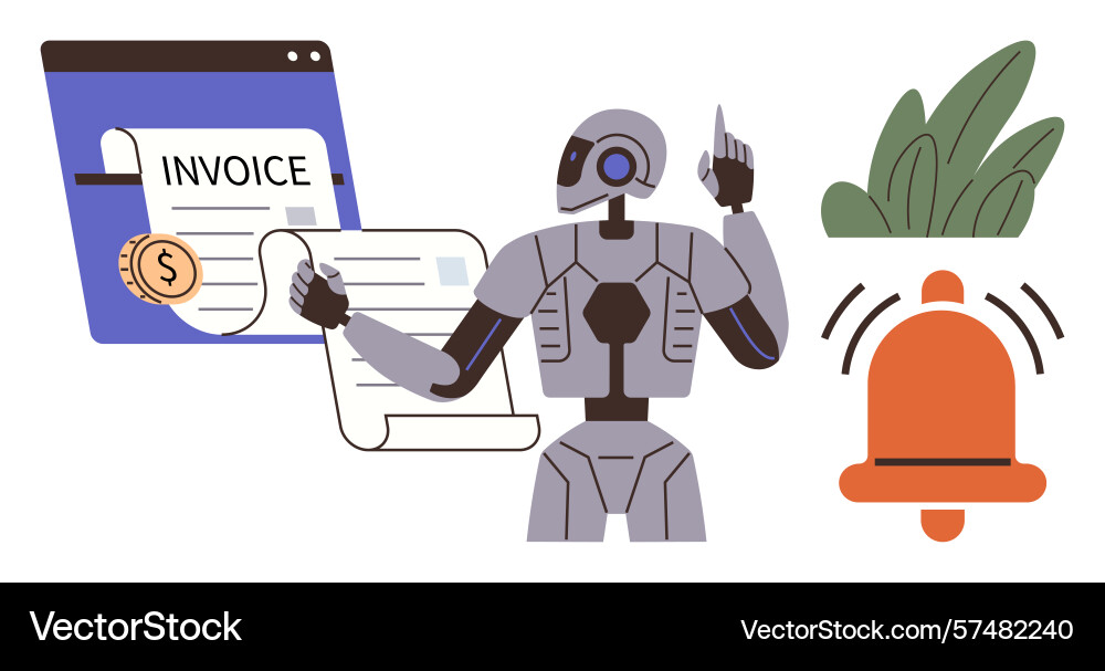 Ai robot managing invoices with alert notification Ai robot managing invoices with alert notification vector image